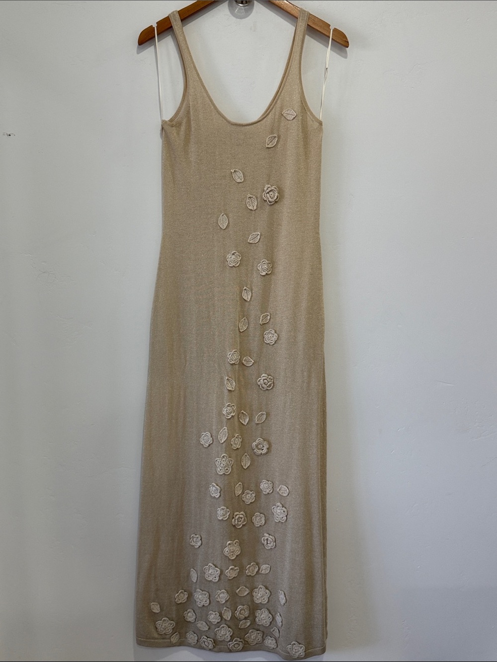 Caroline Constas Gold Shimmer Semi-Sheer Floral Appliqué Maxi Dress- L